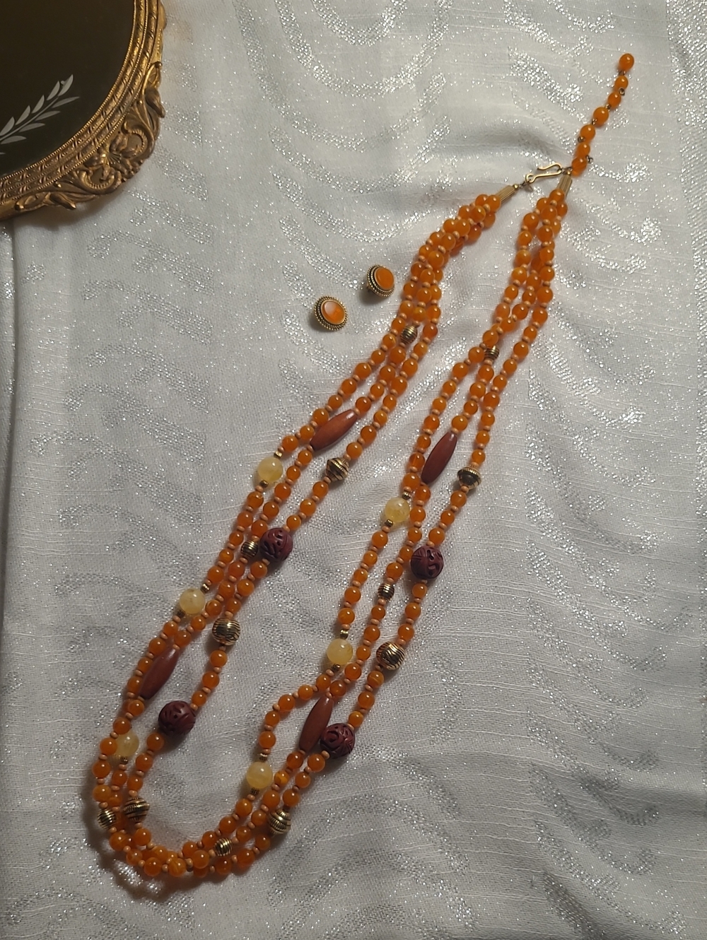 Vintage  Avon Spice Colored Beaded Necklace and Pierced Button Earring Set IOB
